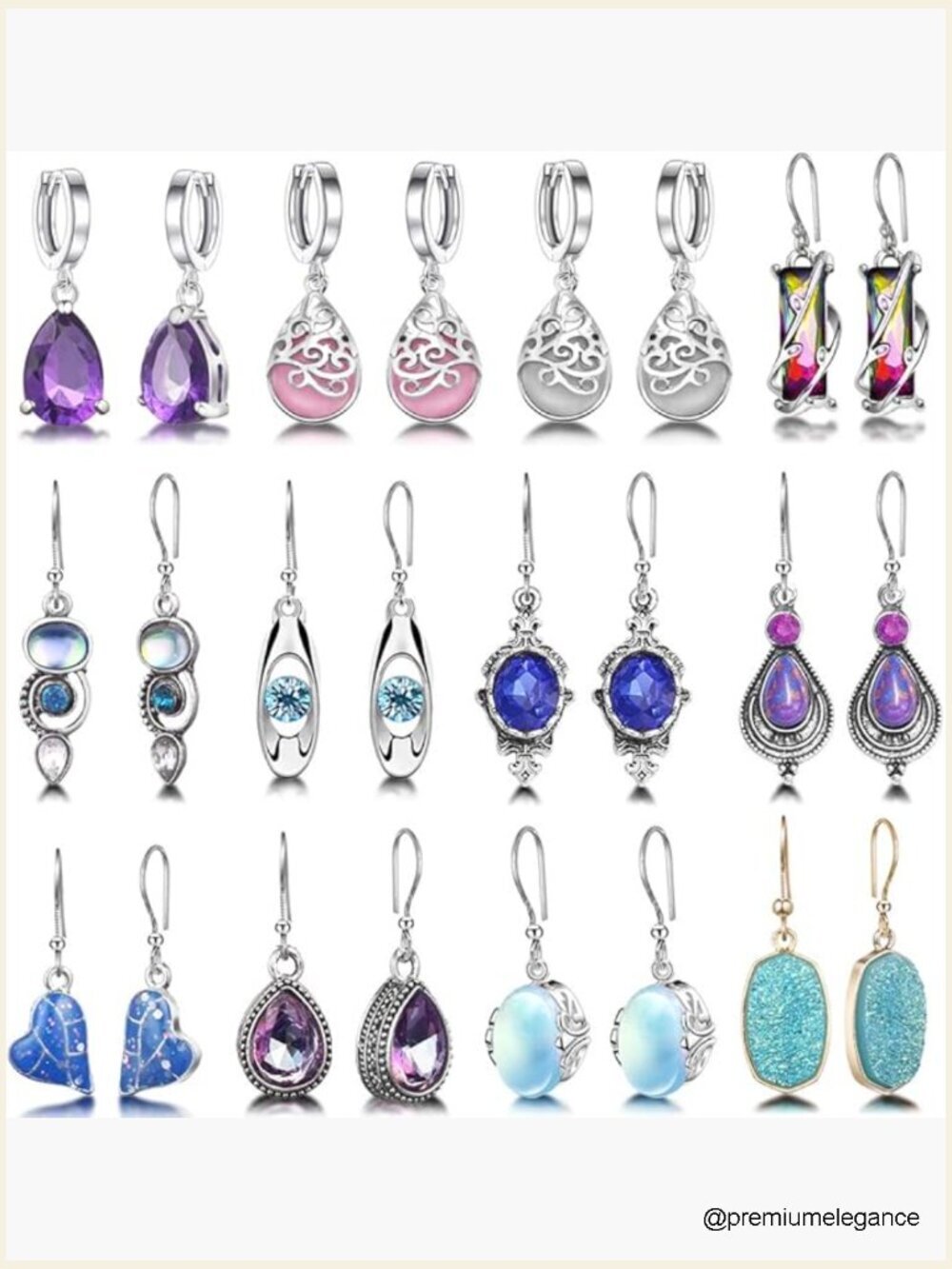 12 Pairs Teardrop Crystal Drop Dangle Earrings Set - Women's Boho Jewelry